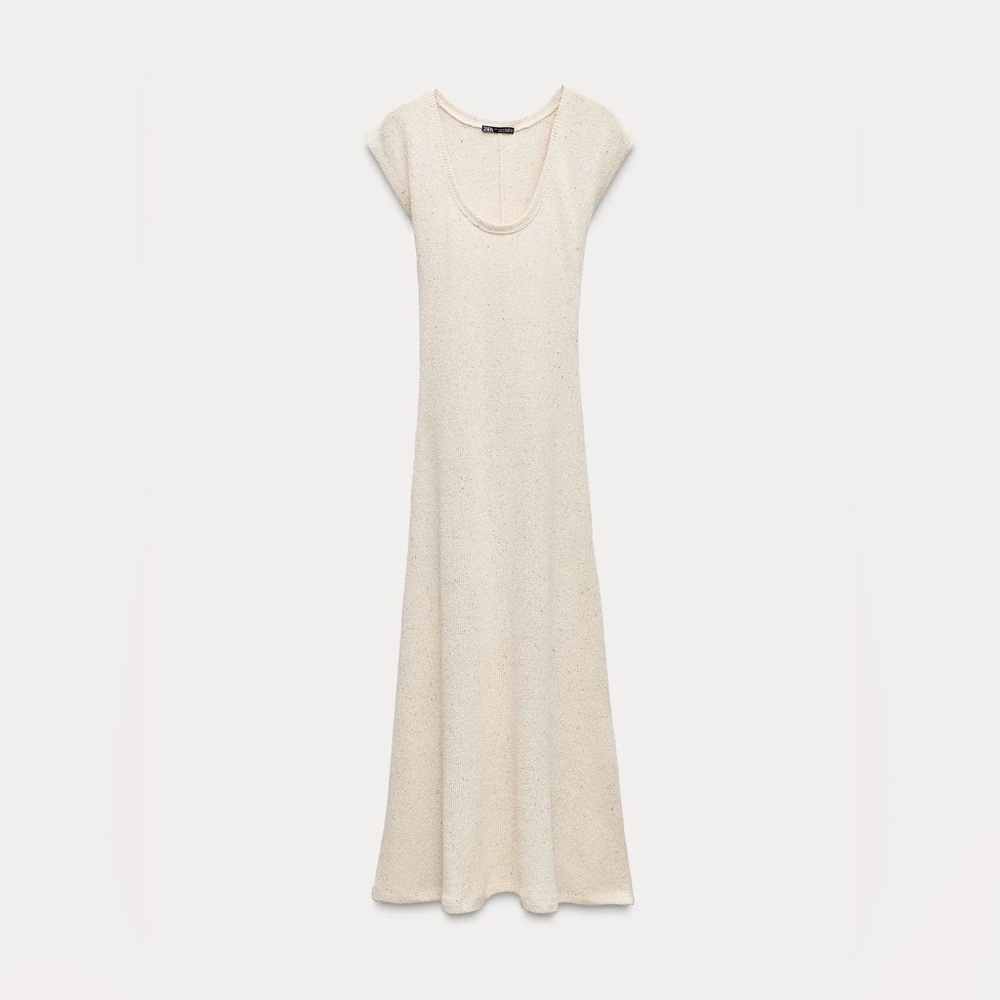Zara Cream Rustic Midi  Scoop-Neck Dress